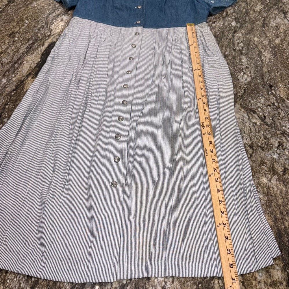 Vintage Embroidered Denim Striped Midi Dress Cottagecore Women 14P Blue - Picture 5 of 12